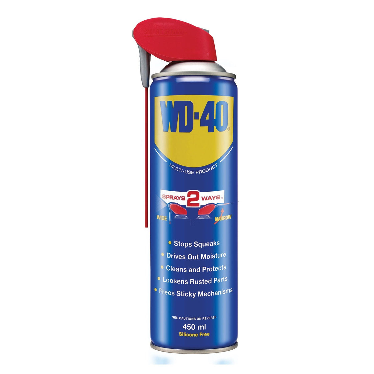 A 450ml can of WD-40 WD-40 Smart Straw, blue and yellow with attached red straw, lists uses like stopping squeaks, driving out moisture, cleaning, protecting surfaces, and freeing sticky mechanisms.