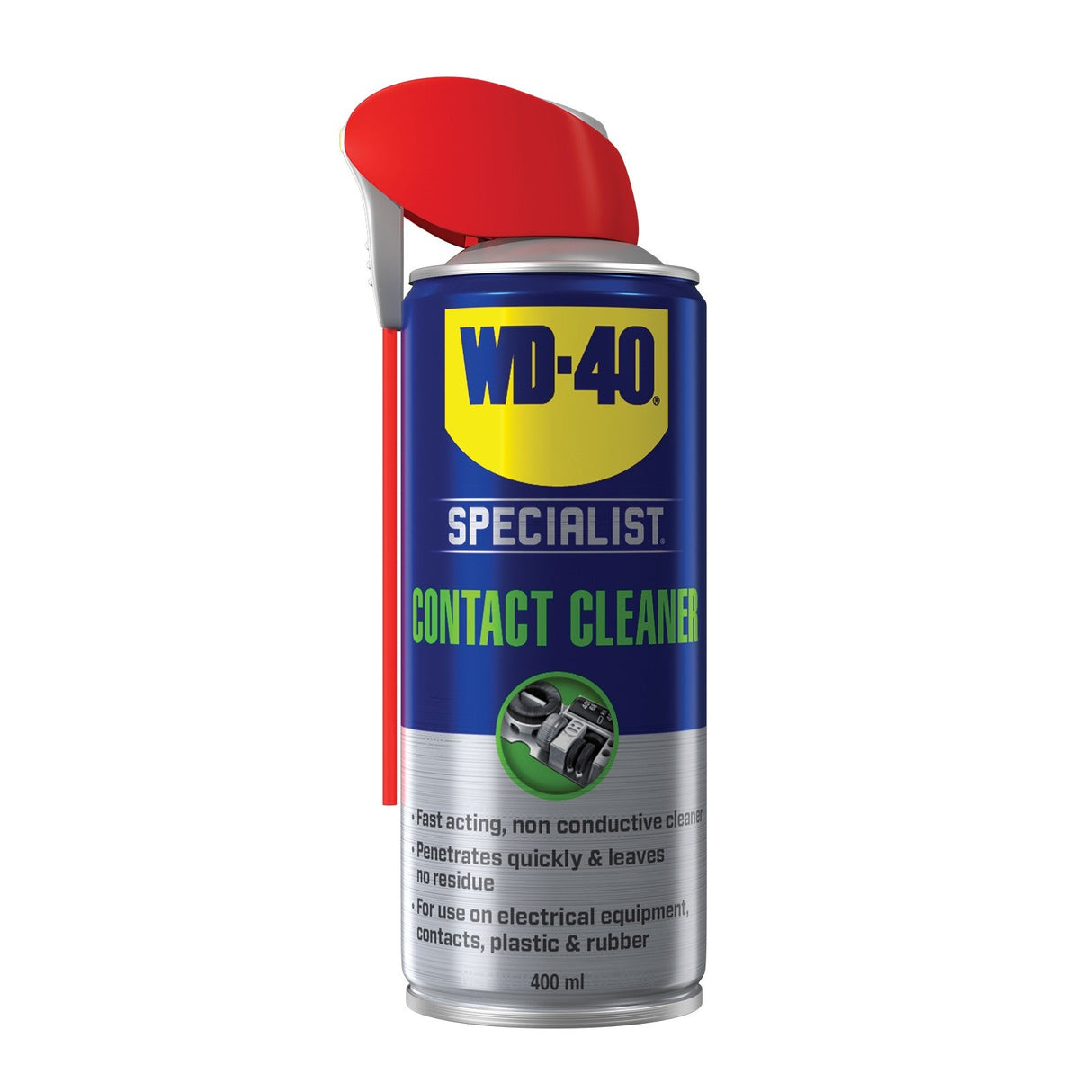 A 400ml can of WD-40 Contact Cleaner with a blue and silver label and red spray nozzle, ideal for safely cleaning electrical contacts and circuit boards.