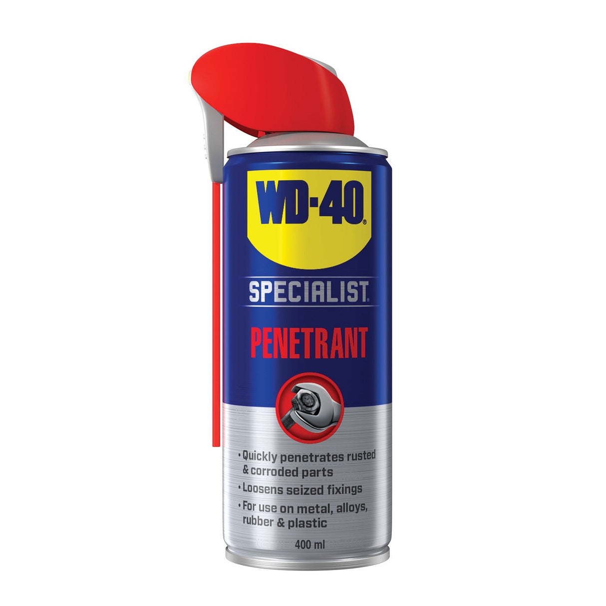 WD-40 Penetrant - 400ml comes in a can with an attached red spray straw. It quickly loosens rusted parts and fixings, and is safe for use on metal, alloys, rubber, and plastic.