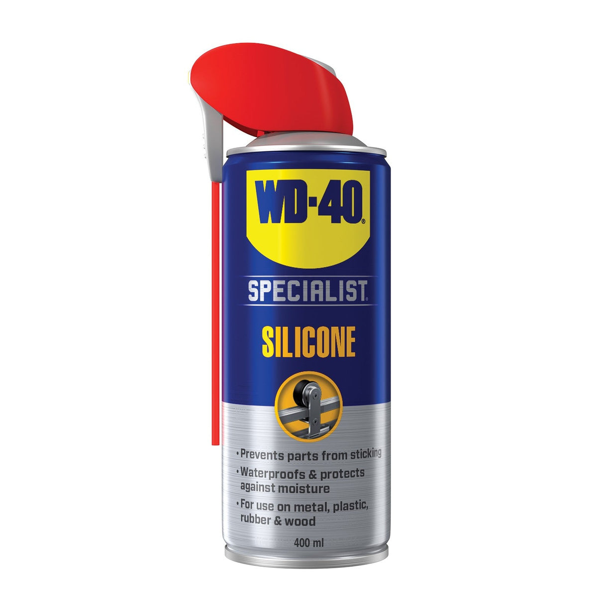A 400ml can of WD-40 Silicone, featuring a red nozzle and blue-silver label with yellow branding, is ideal for waterproofing and protecting metal, plastic, wood, and rubber parts.