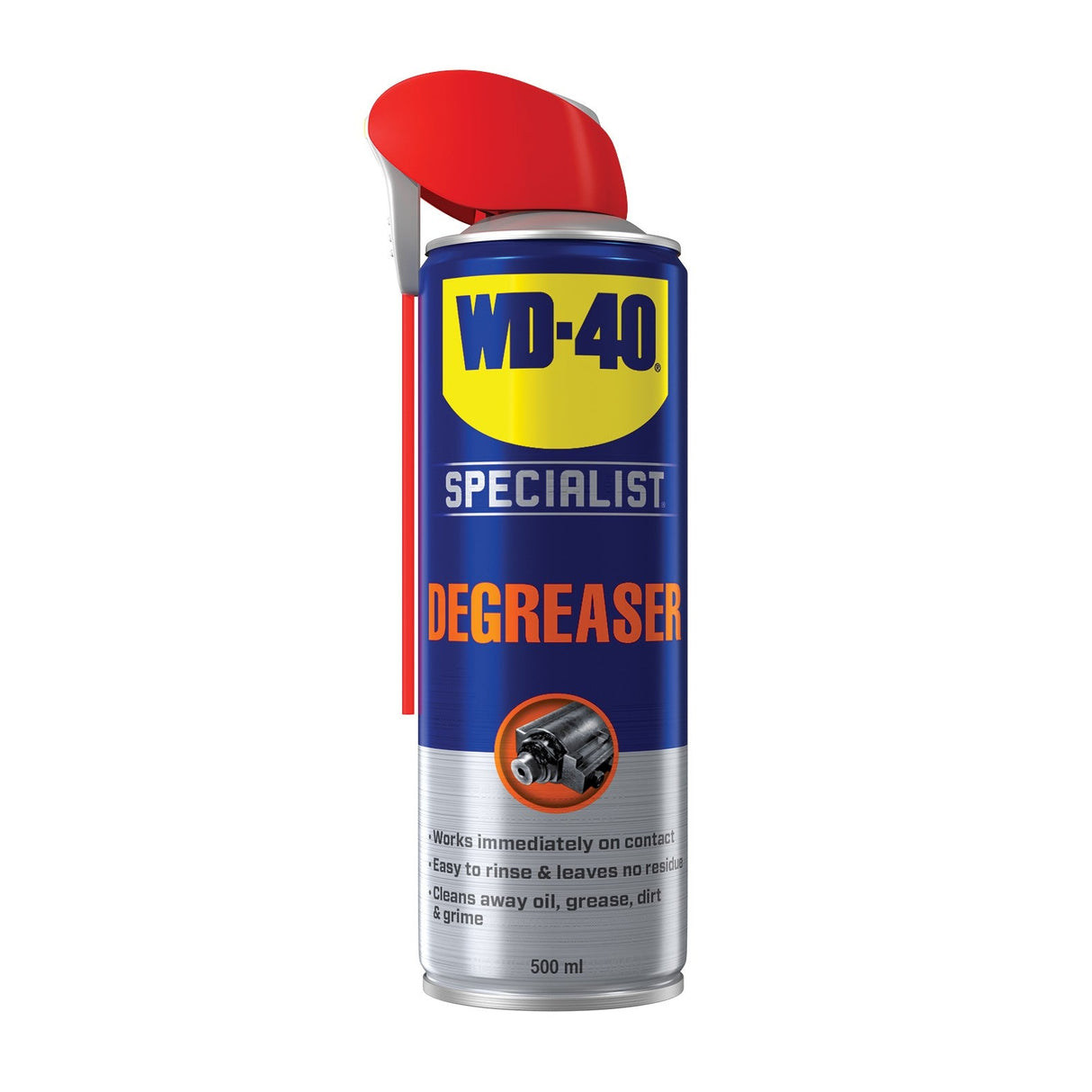 A 500ml can of WD-40 Degreaser with red spray nozzle and blue, yellow, and silver label quickly removes oil, grease, dirt, and grime—perfect for cleaning industrial machinery.