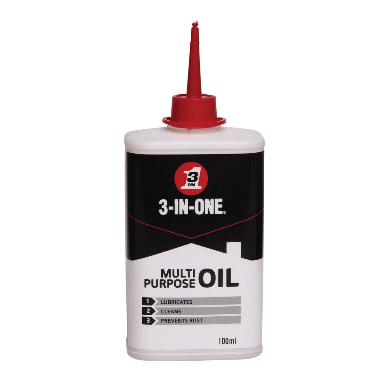 A 100ml rectangular bottle of 3-In-One 3-IN-ONE Drip Oil with a red nozzle cap. The black and white label, accented in red, highlights its ability to lubricate metal parts, clean, and protect against rust.
