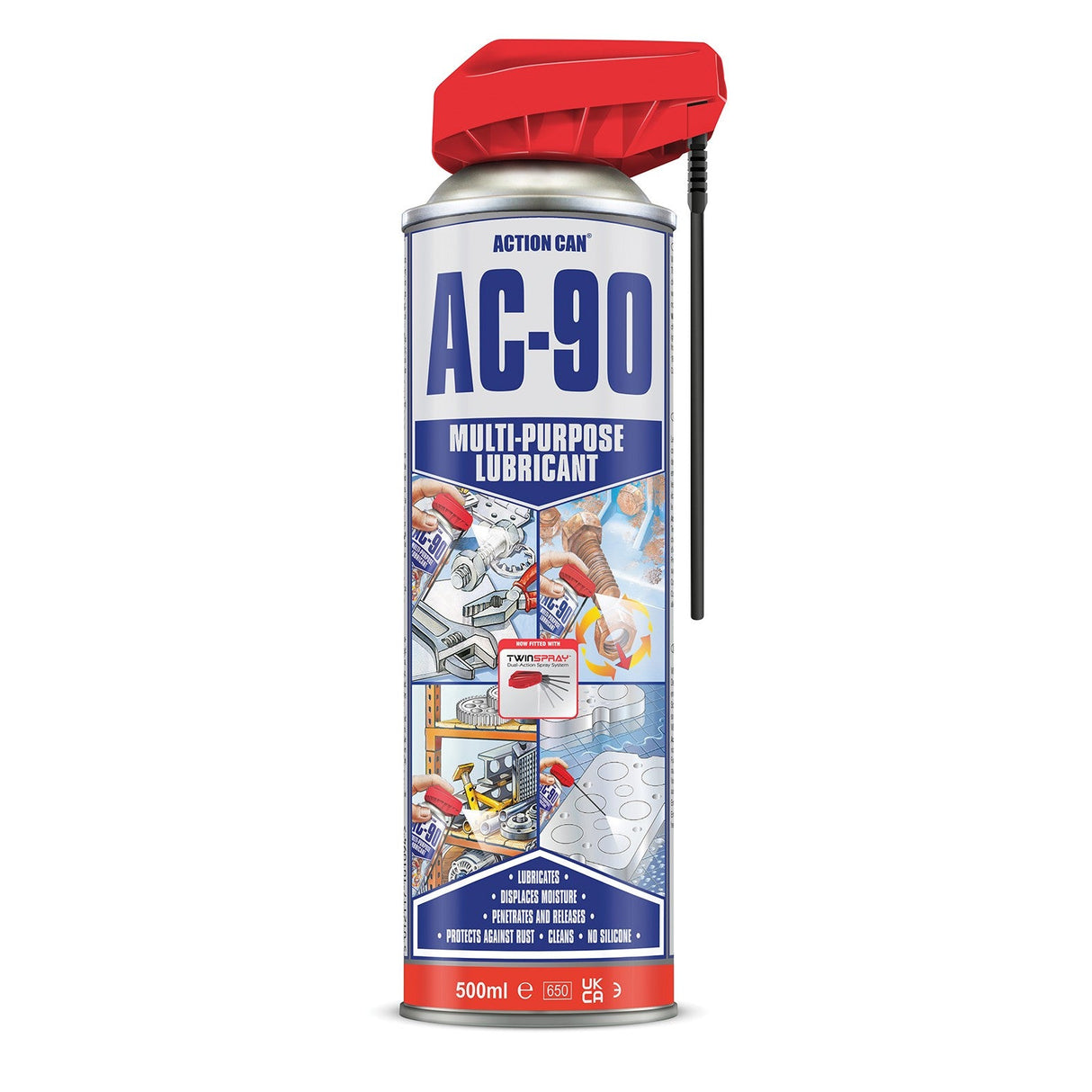 A 500ml can of Action Can AC-90 Twinspray features a precision spray nozzle and black straw. The label highlights its all-purpose use on locks, hinges, bike chains, and tools for maintenance.