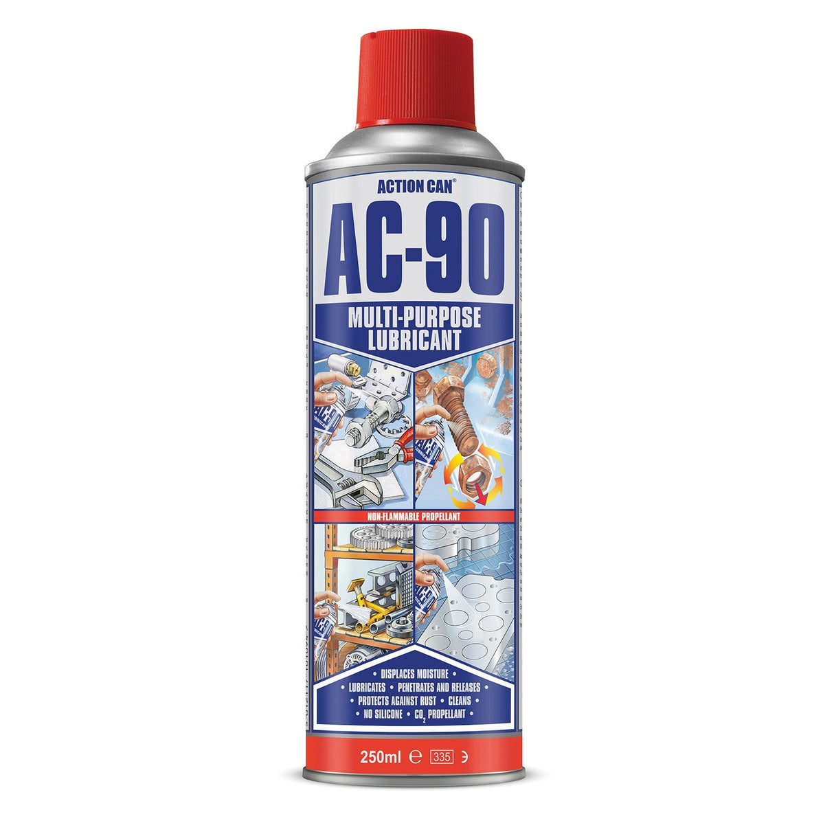 A 250ml can of Action Can AC-90 Multi-Purpose CO2, featuring a red cap and illustrated label depicting household and mechanical uses such as rust protection and maintenance.