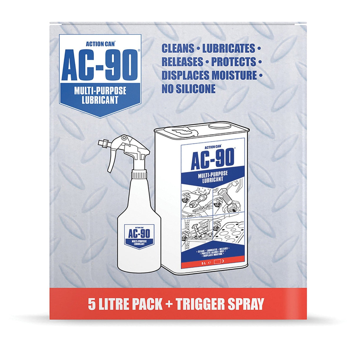 The Action Can AC-90 Multi-Purpose - 5L box includes a can and trigger spray. It cleans, lubricates, releases, protects against corrosion, disperses moisture, and contains no silicone.