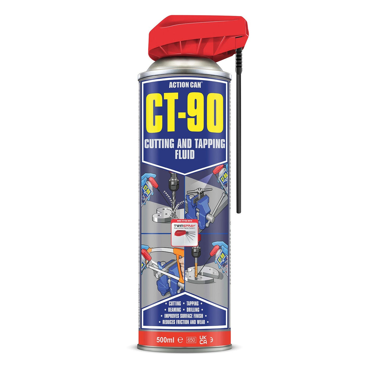 A 500ml can of Action Can CT-90 Cutting & Tapping features a red cap and straw. The label highlights metalworking uses, including cutting, tapping, and drilling, making it ideal as a stainless steel lubricant.
