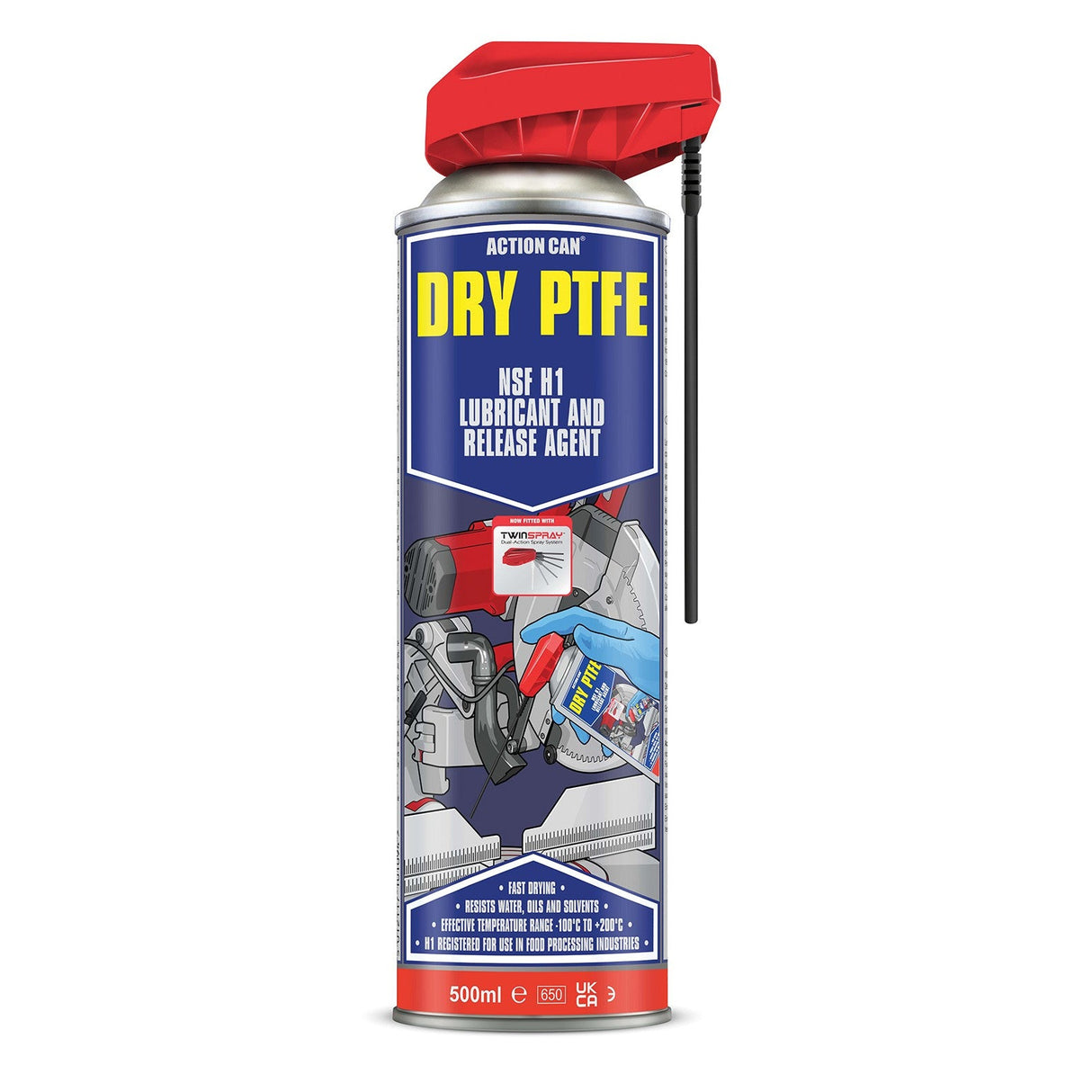 A 500ml can of Action Can DRY PTFE Twinspray features a red cap and straw. The label shows NSF H1 Dry PTFE lubricant and release agent with images of gears, machinery, and a gloved hand spraying the product.