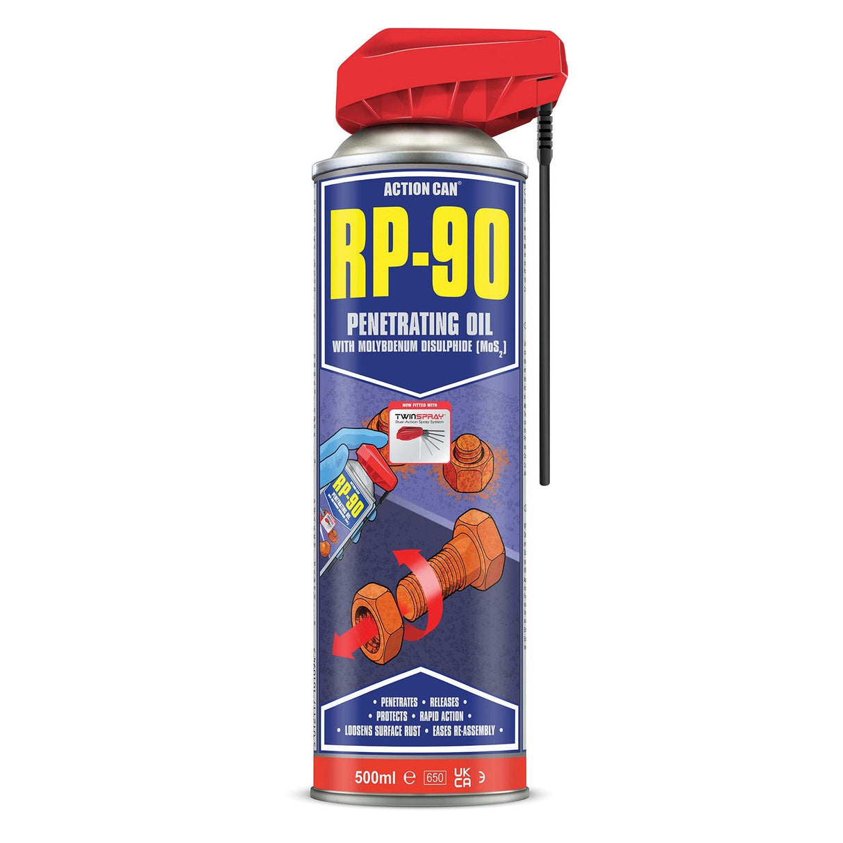 A 500ml can of Action Can RP-90 Penetrating Oil TS with a red cap and straw, featuring illustrated instructions for loosening rusted nuts and bolts. The label highlights its powerful formula for rust removal and metal protection.