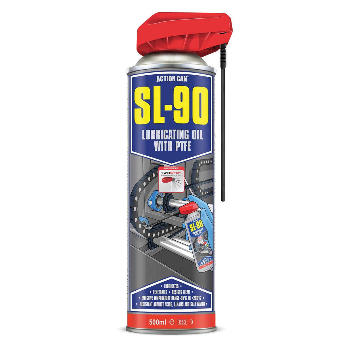 A 500ml can of Action Can SL-90 Lubricating Oil TS with PTFE, featuring a red cap, attached straw, illustrated instructions, and highlighting superior lubrication and effective corrosion inhibition.