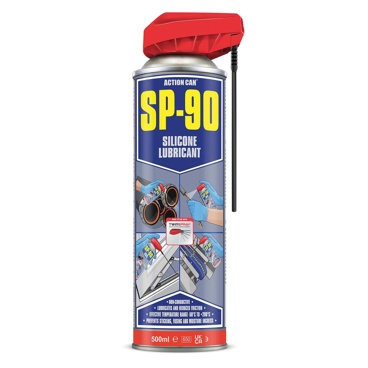 A 500ml can of Action Can SP-90 Silicone TS features a red cap, attached black straw, and a label promoting its precision lubrication and versatile applications.