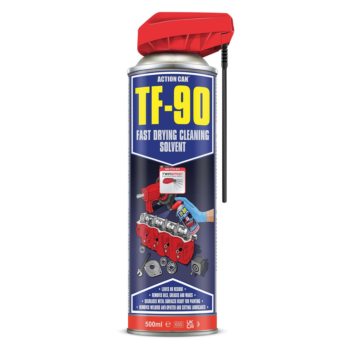 A 500ml can of Action Can TF-90 Cleaner TS features a red spray nozzle, attached straw, and a residue-free fast-drying formula. The blue label shows engine parts and highlights product benefits.