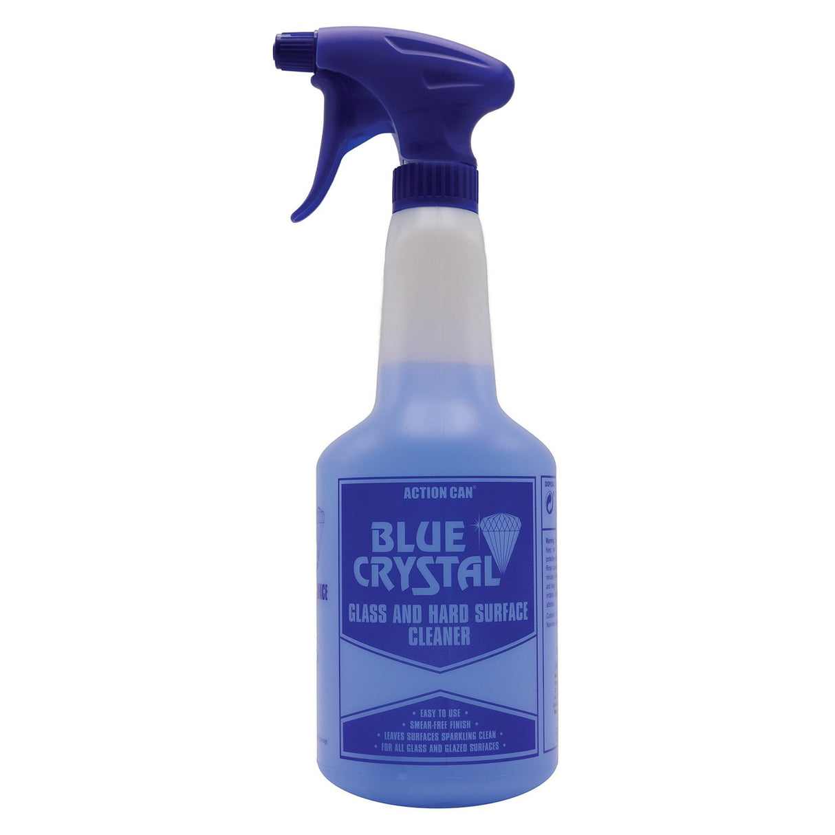 A 750ml spray bottle of Action Can Bluecrystal Glass Clean with a blue trigger and blue-white label, featuring an anti-static additive for a smear-free finish on glass and hard surfaces.