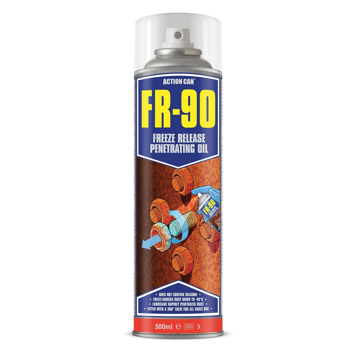 A 500ml can of Action Can FR-90 Freeze Release Oil, silicone-free, shown being sprayed on rusty bolts and nuts to loosen them.