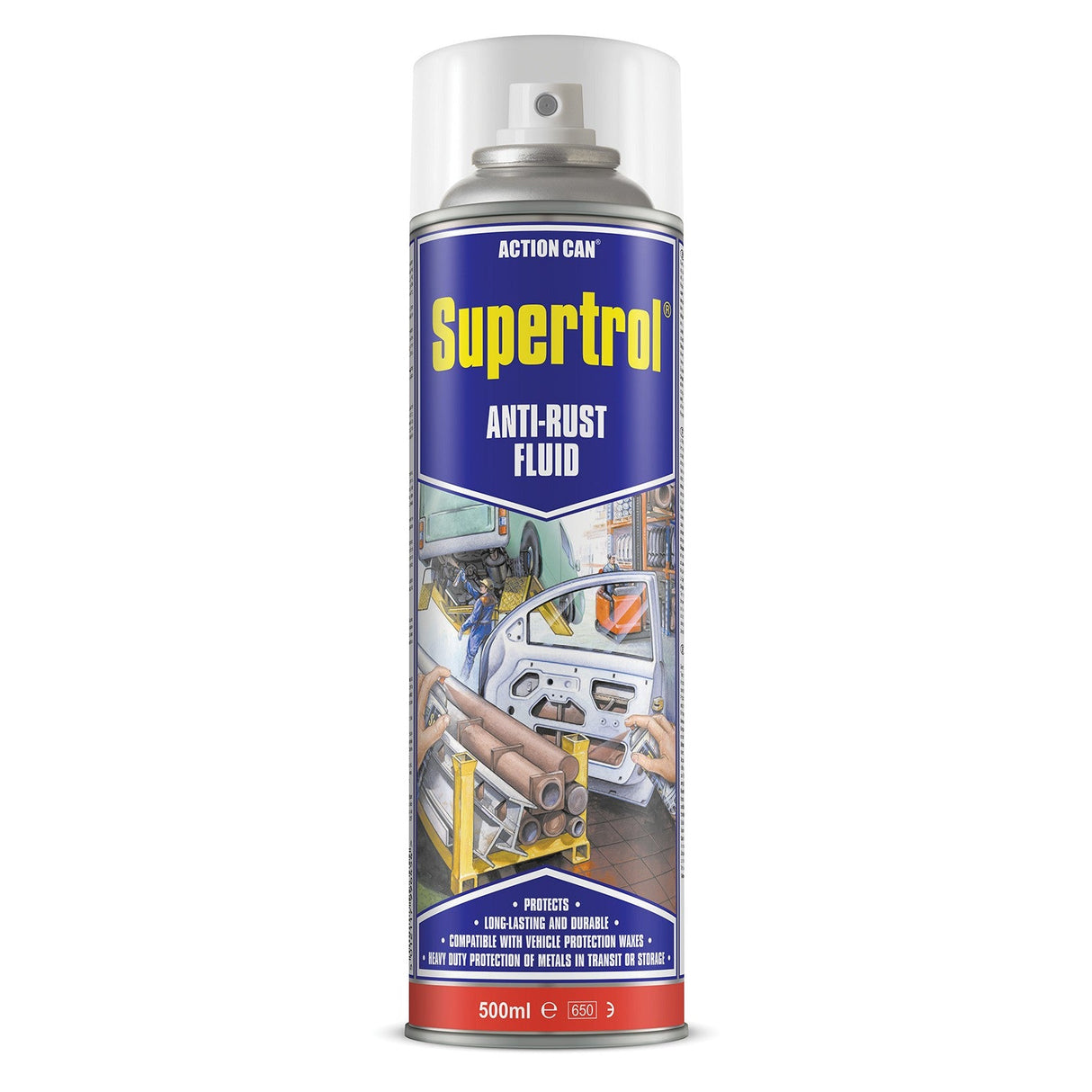 A 500ml spray can of Action Can Supertrol Anti-Rust with a label showing workshop car parts and tools, highlighting its heavy-duty rust protection and suitability for multiple materials.