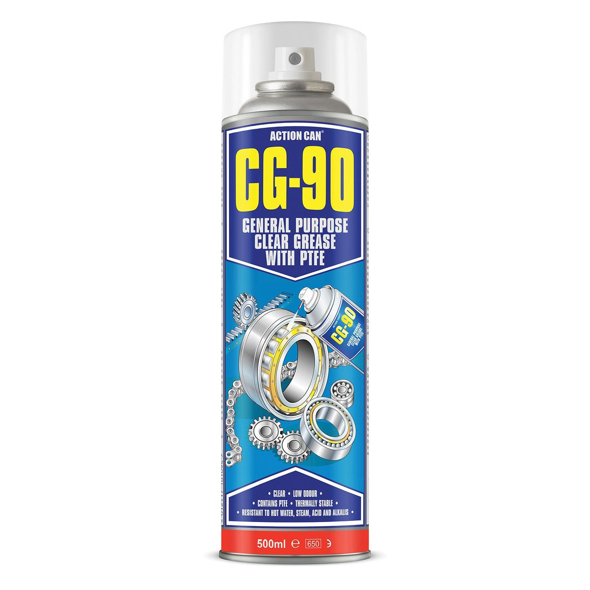 A 500ml can of Action Can CG-90 General Purpose features a blue label with images of bearings and gears, highlighting its lubrication, protection, and corrosion-resistant grease properties.