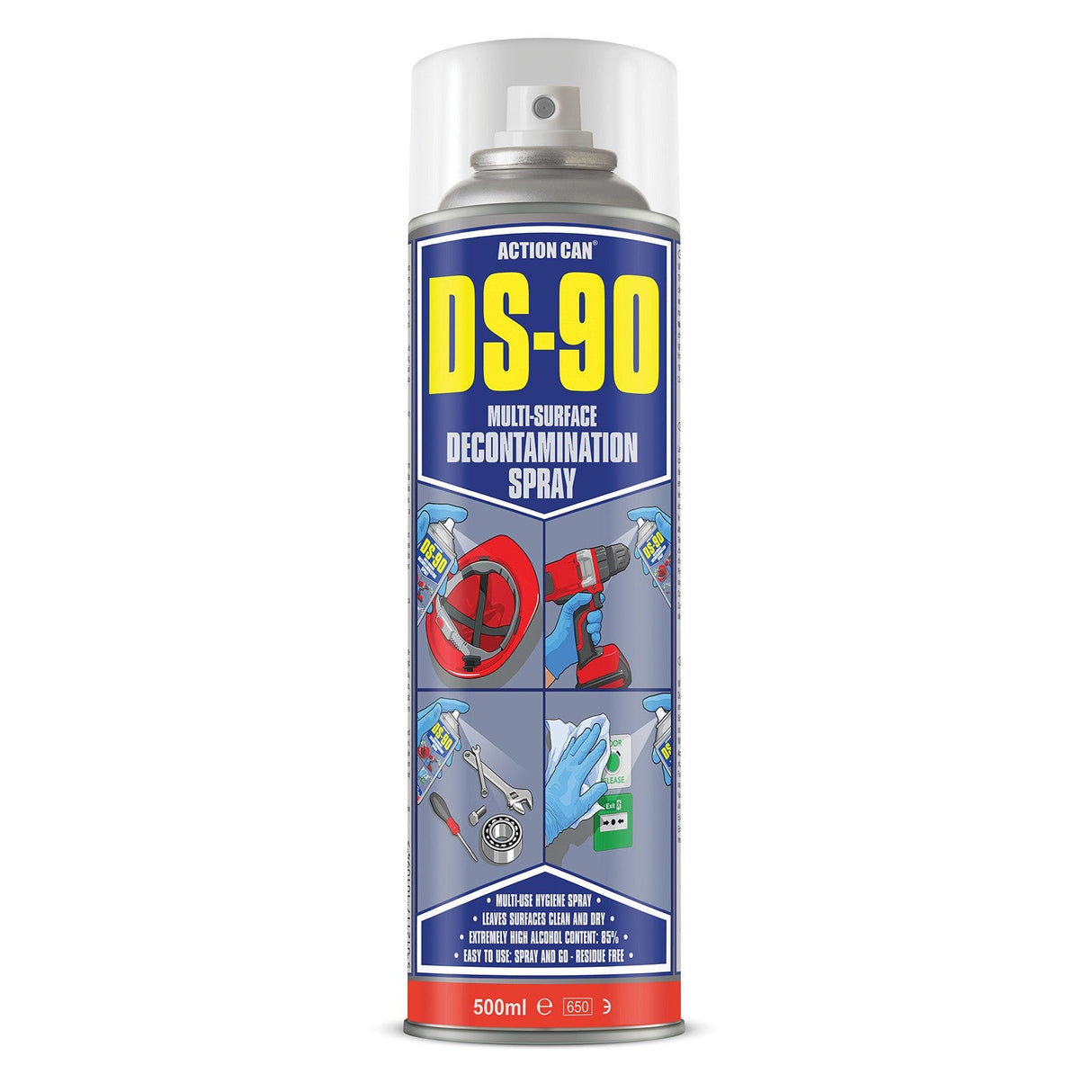 A 500ml can of Action Can DS-90 Multi-Surface features a blue and yellow label with use illustrations for tools, handles, surfaces, and clear instructions at the bottom; it is a high-alcohol content decontamination spray.