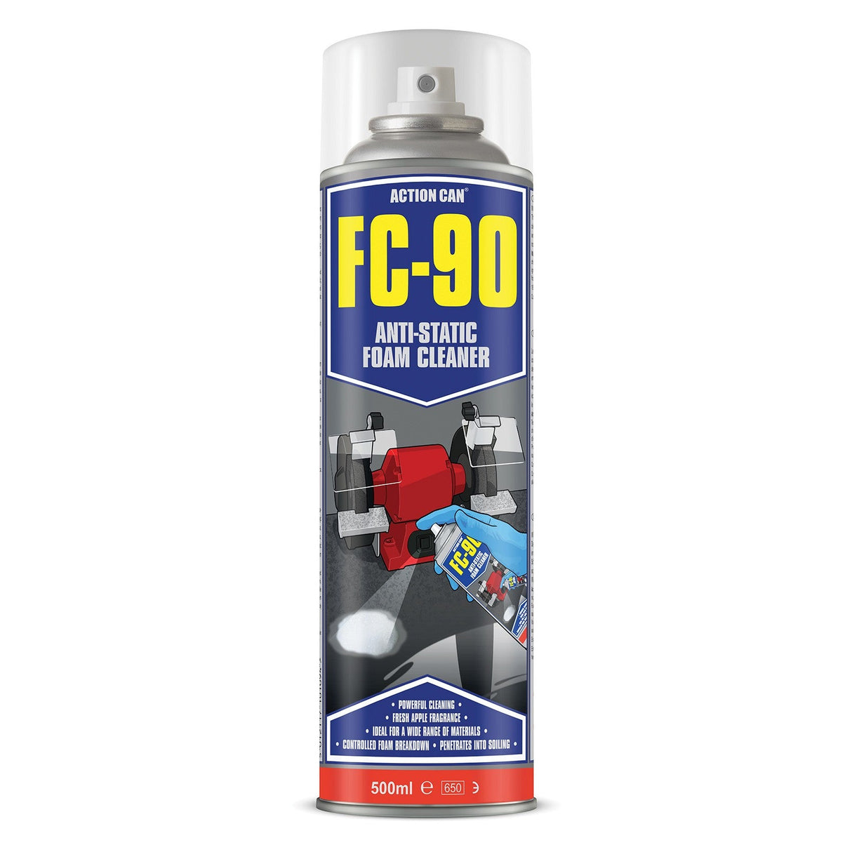 A 500ml can of Action Can FC-90 Anti-Static Foam features a blue label showing a hand cleaning electronics and product info at the bottom.