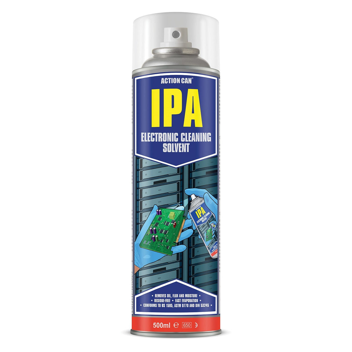 A 500ml can of Action Can IPA Electronic Cleaner, a residue-free formula with a blue label showing hands cleaning circuit boards and a server rack in the background.
