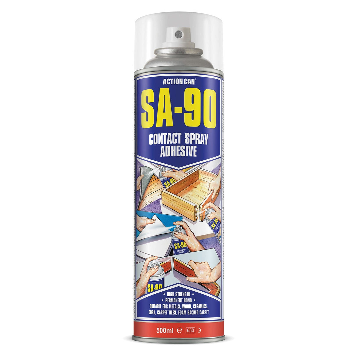 A 500ml can of Action Can SA-90 Adhesive, with illustrations showing its high-strength, permanent bond for wood, foam, and edges. The label promotes its heavy-duty power as a versatile multi-purpose adhesive.