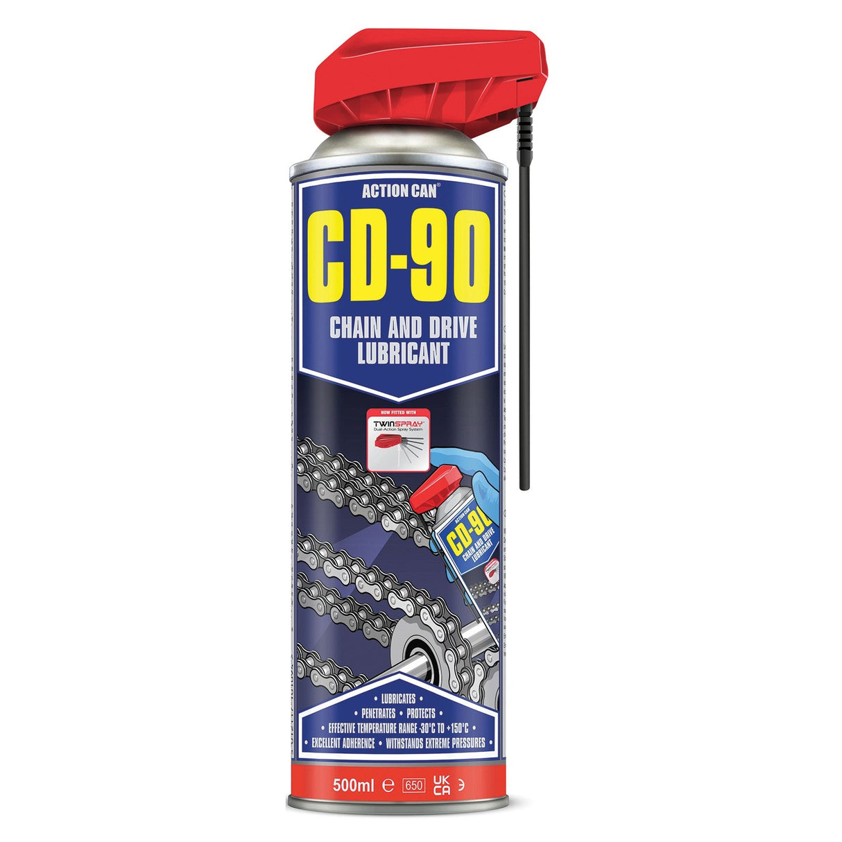 A 500ml can of Action Can CD-90 Chain & Drive features a red cap, attached straw, chain graphic label, and highlights its lubricating and corrosion protection properties.