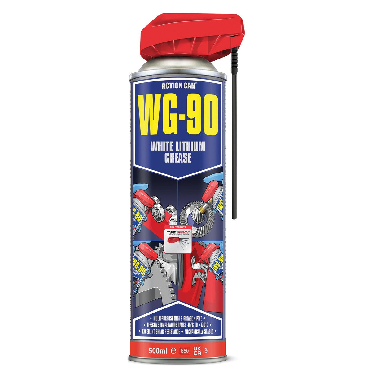 A 500ml can of Action Can WG-90 White Calcium high-performance multi-purpose grease with a red cap and attached black straw, featuring illustrated gears and tools on the label, delivers excellent corrosion protection.