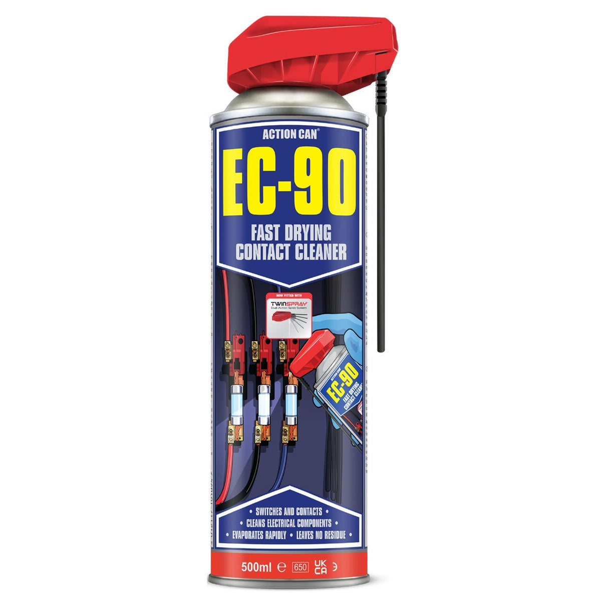 A 500ml can of Action Can EC-90 Contact Cleaner with a red nozzle and straw, ideal for cleaning switches, contacts, and electrical parts. The label displays electronic components to highlight its use for electrical maintenance.