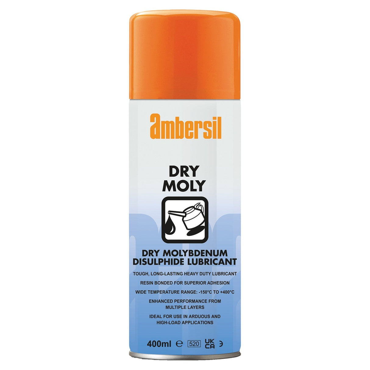 Ambersil Dry Moly - 400ml: A white and blue can with an orange lid, this resin-bonded dry molybdenum disulphide lubricant is ideal for high-load applications.