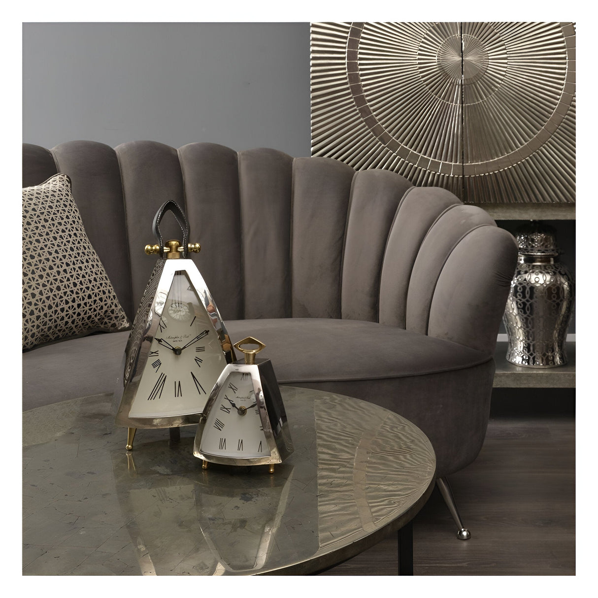 Isosceles Curved Front Mantel Clock - Silver