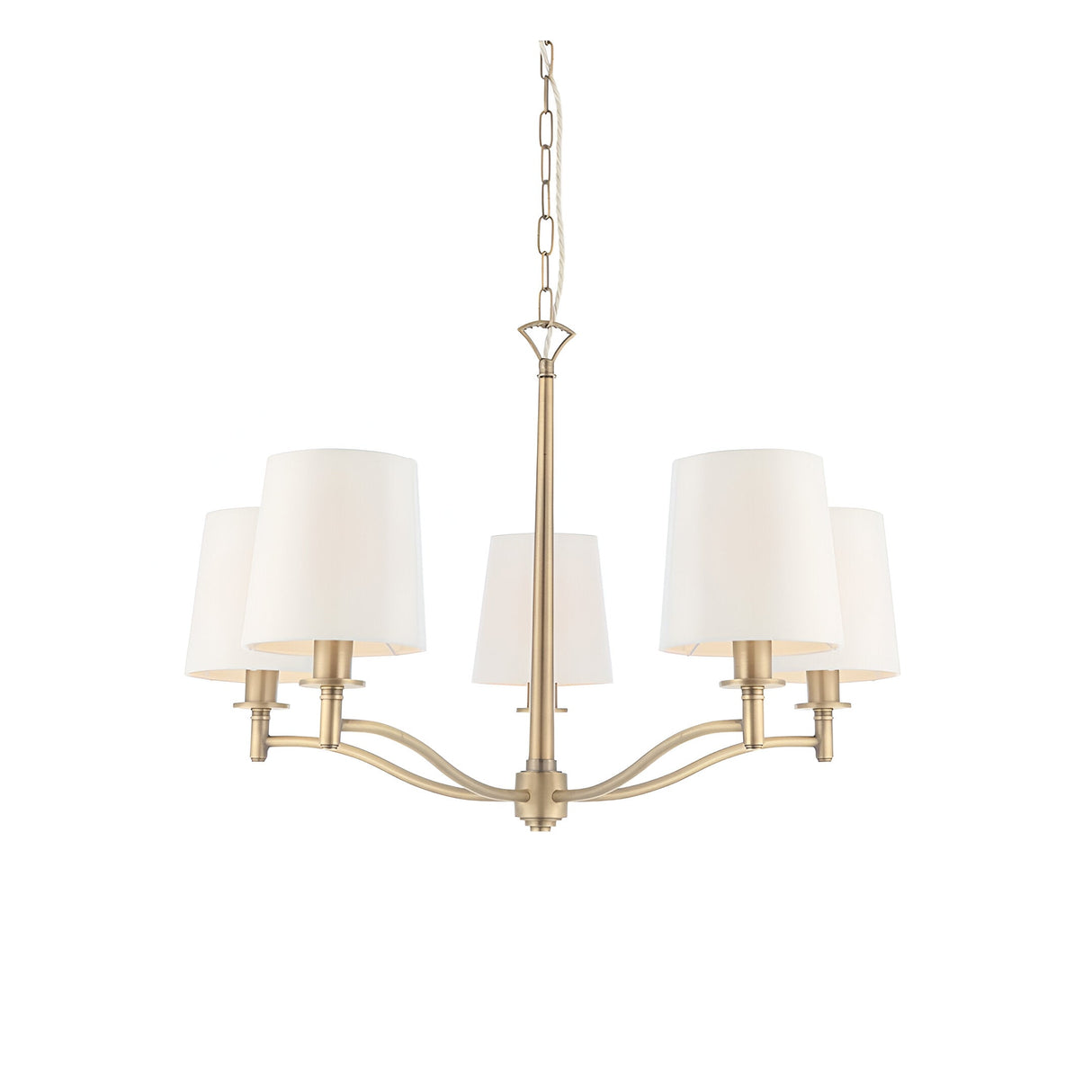 Endon Castwell 5 light pendant in antique brass with vintage white fabric shades on curved arms, suspended from a chain, on a white background.