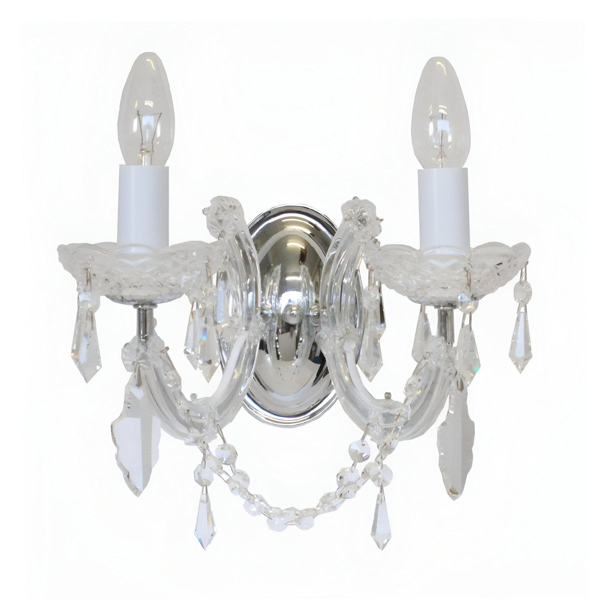 The Queenlight 2 Light Georgian Glass & Strass Crystal Chandelier in chrome features two arms, candle-style bulbs, and crystal pendants for an elegant, timeless look.