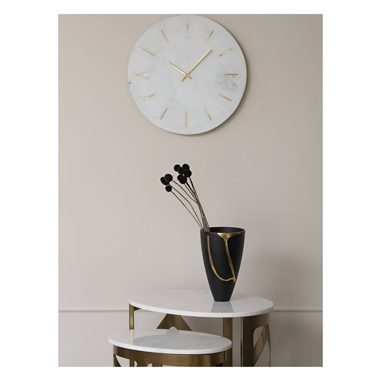 Brass Inlay & Marble Wall Clock - White