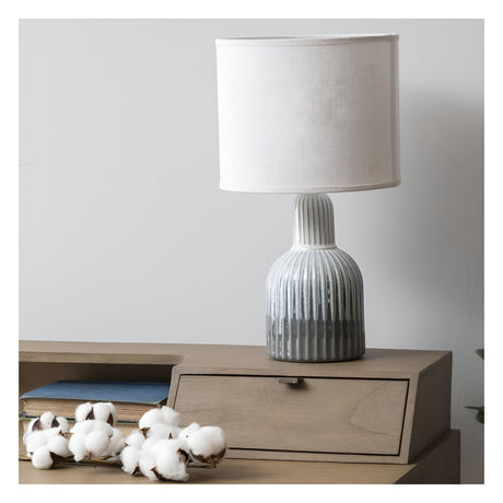 Small Ribbed Porcelain Table Lamp - Grey With White Shade