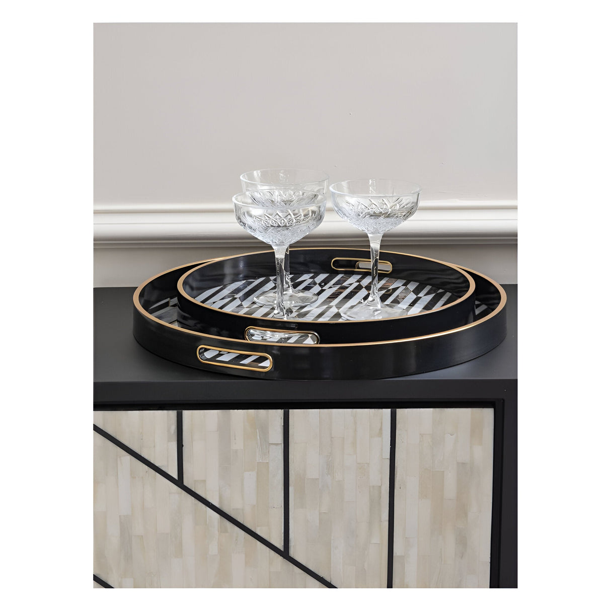Set of 2 Geometric Pattern Trays - Black & Antique Gold