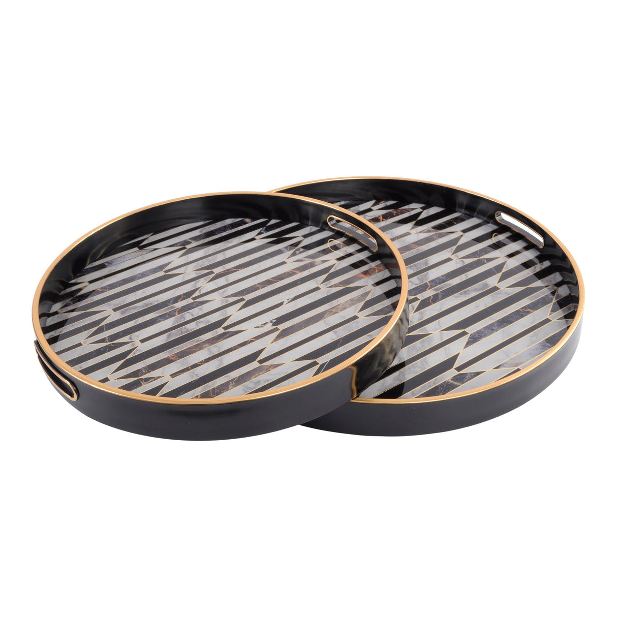 Set of 2 Geometric Pattern Trays - Black & Antique Gold