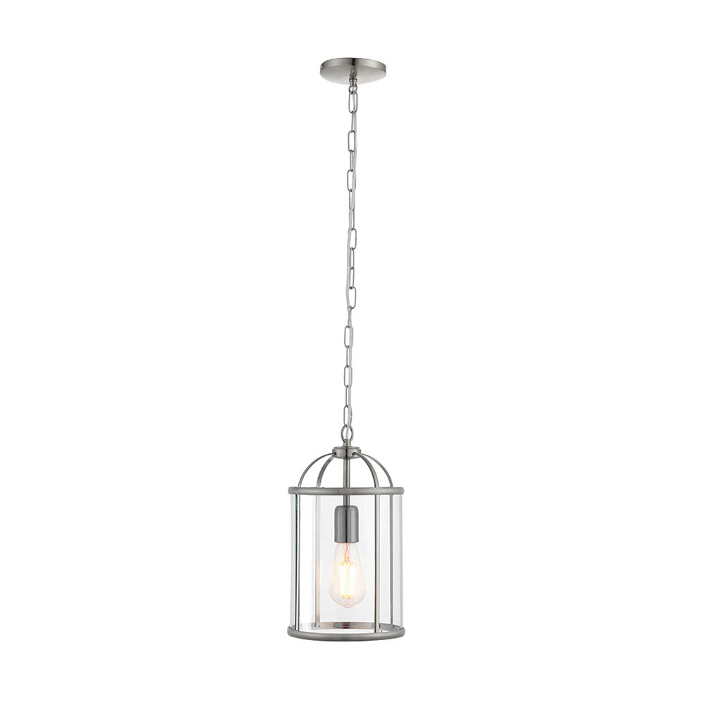 Endon Caldbury pendant light in satin nickel with a lantern-shaped frame, clear glass panels, single E27 filament bulb, and adjustable chain suspension.