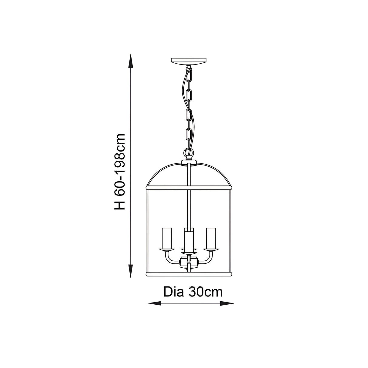 Dimension diagram of the Endon Caldbury 4 Light Pendant in nickel, showing a 30cm diameter lantern frame with adjustable 60-198cm chain drop.