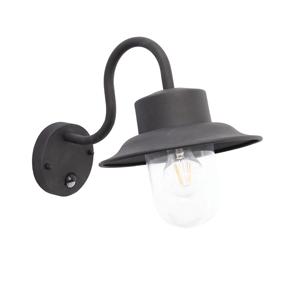 Endon Bevfield fisherman-style outdoor wall lantern in textured black with clear glass diffuser, exposed filament bulb and built-in PIR sensor.