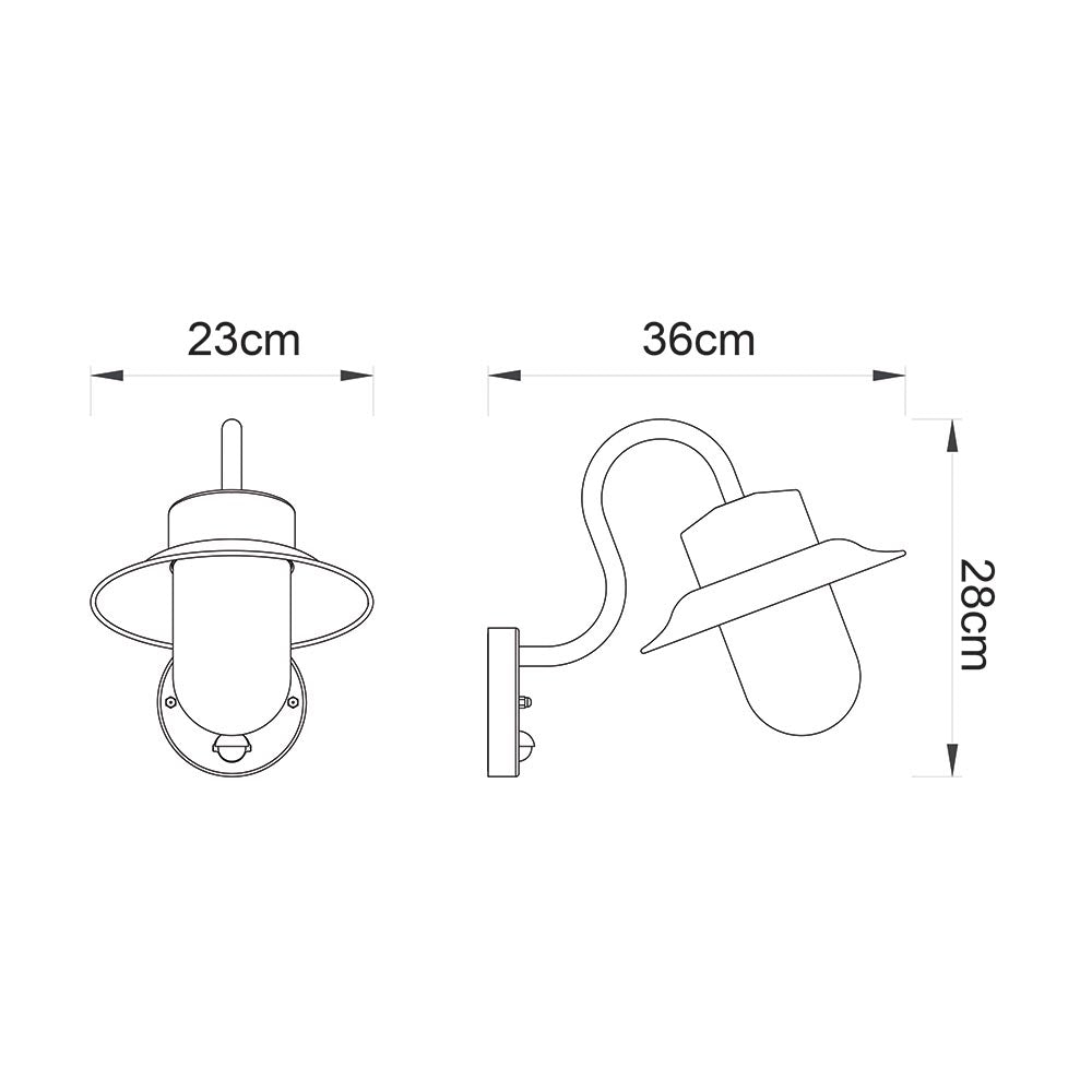 Dimension diagram of the Endon Bevfield PIR outdoor wall light showing front and side views with 23cm width, 36cm projection and 28cm height.