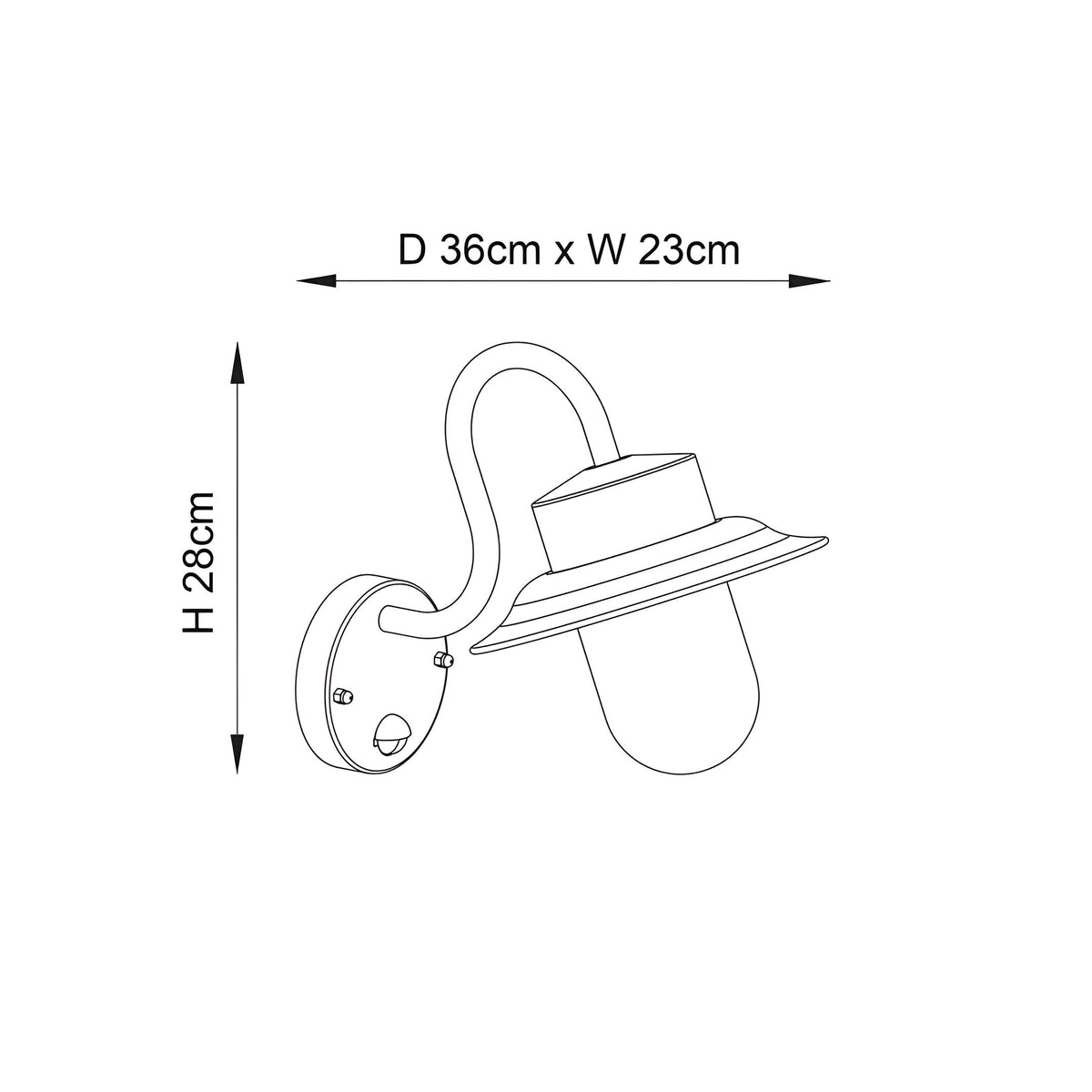 Dimension diagram of the Endon Bevfield fisherman-style outdoor wall lantern showing 28cm height, 36cm depth and 23cm width on a white background.