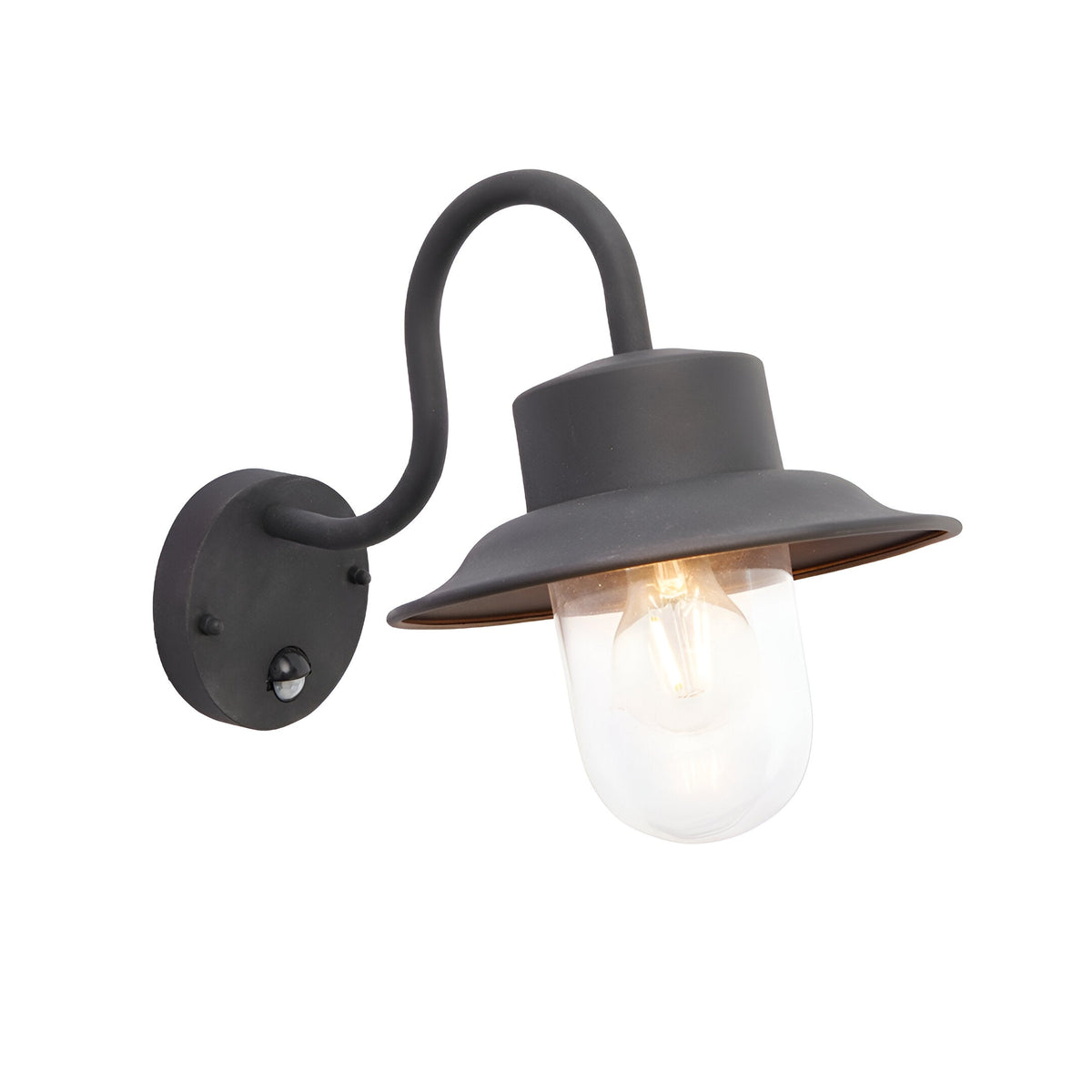 Endon Bevfield fisherman-style outdoor wall light in textured black with clear glass diffuser, curved arm and built-in PIR sensor on the wall plate.
