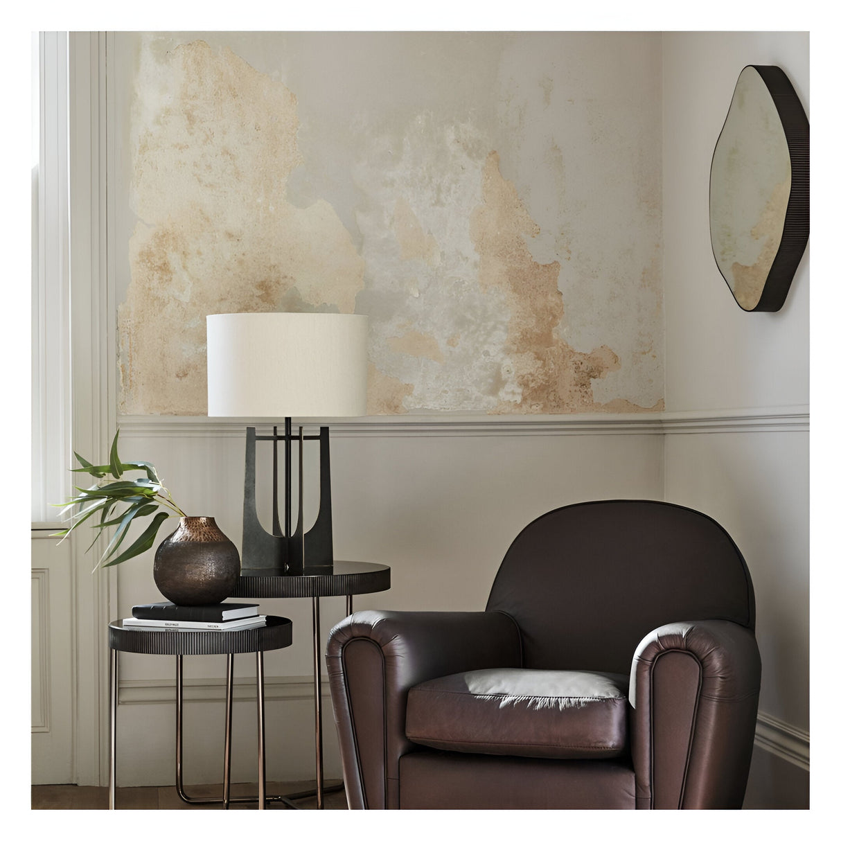 Organic Metal Framed Small Wall Mirror Oak Wood - 59x61cm