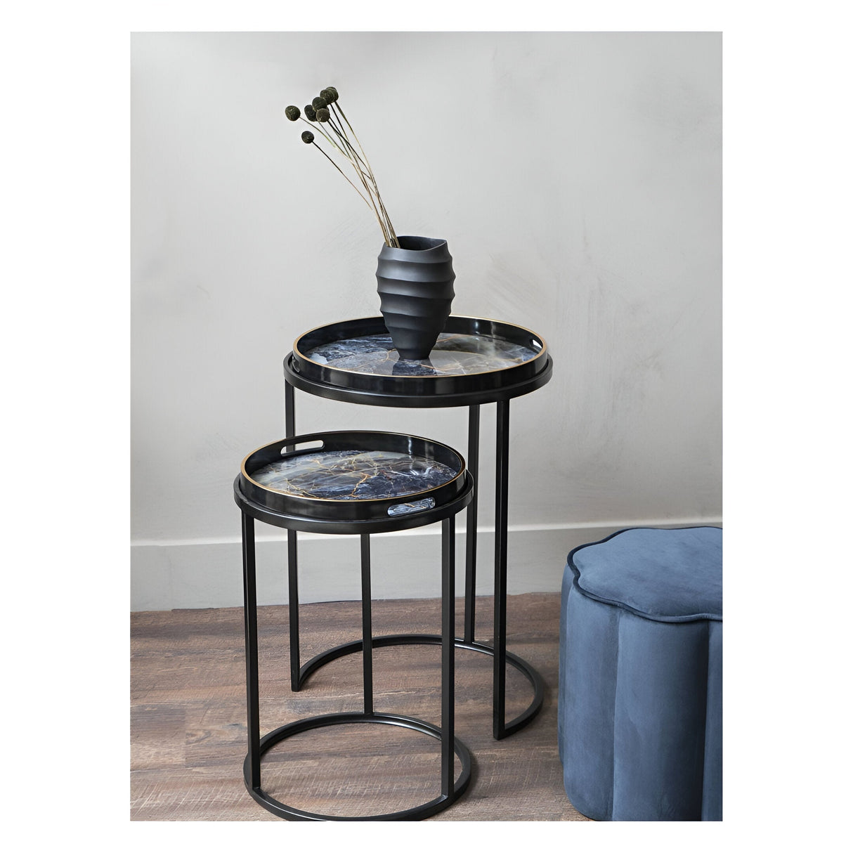 Vesuvius Black and Gold Set of 2 Side Tray Tables - Black