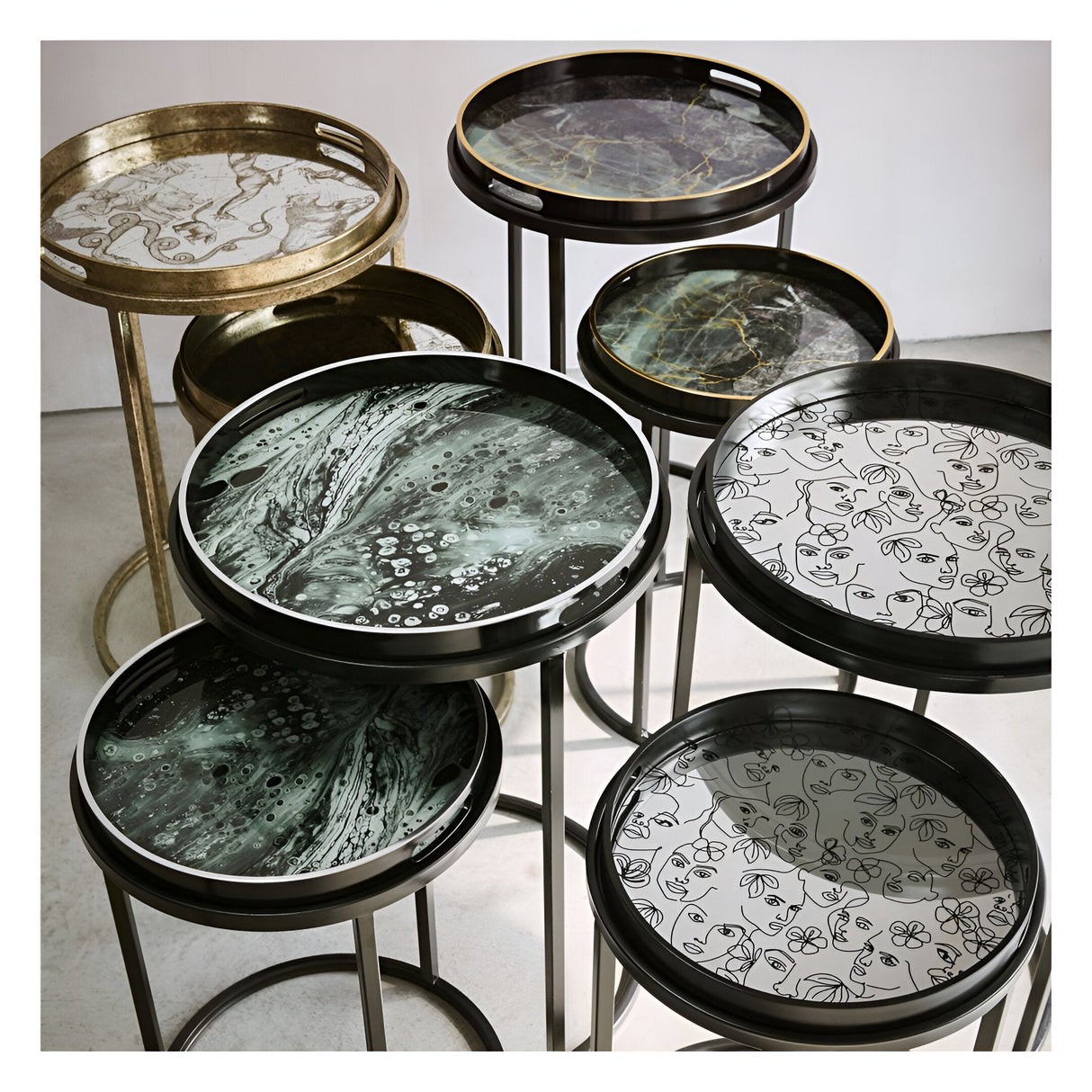 Monochrome Swirl Set of 2 Side Tray Tables - Black