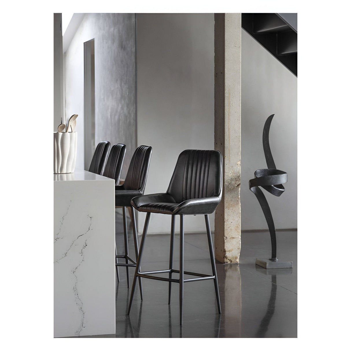 Pair of Pembroke Leather Bar Stools - Dark Grey