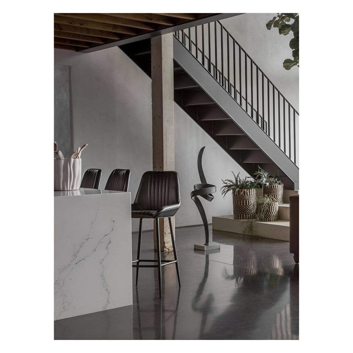 Pair of Pembroke Leather Bar Stools - Dark Grey