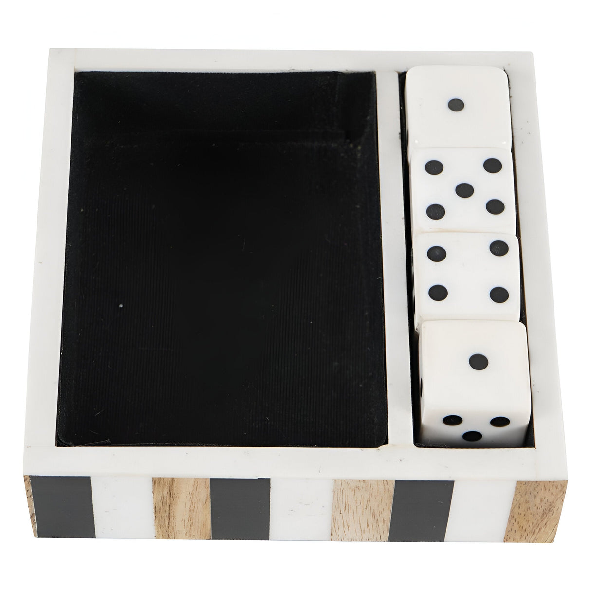 Set of 4 Dice In Wooden Tray - Black & White