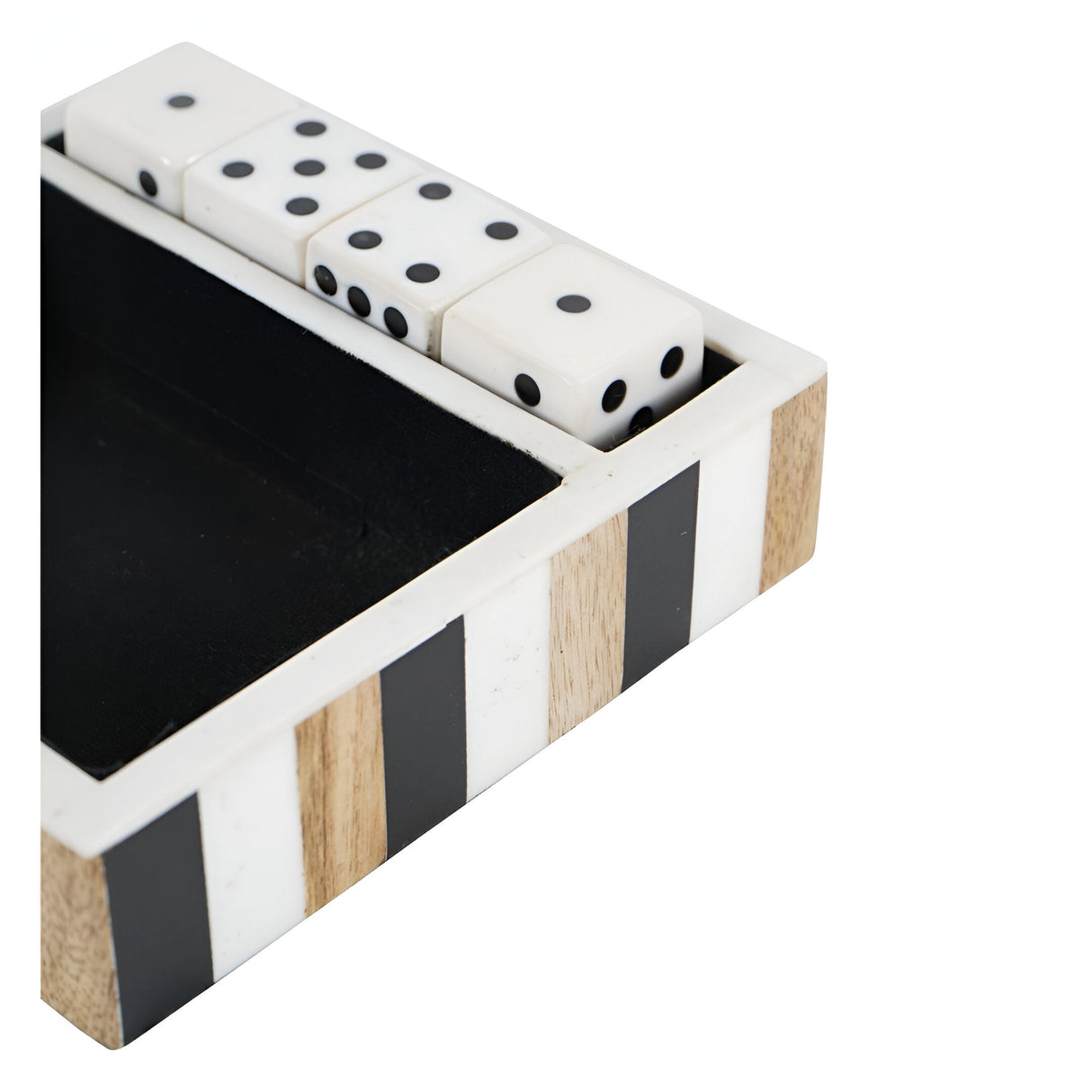 Set of 4 Dice In Wooden Tray - Black & White