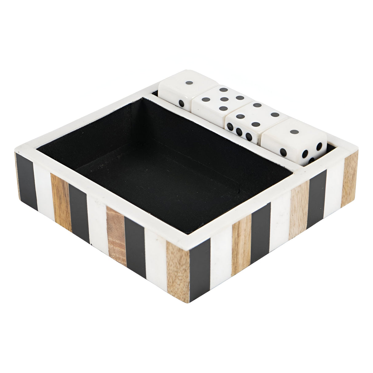 Set of 4 Dice In Wooden Tray - Black & White
