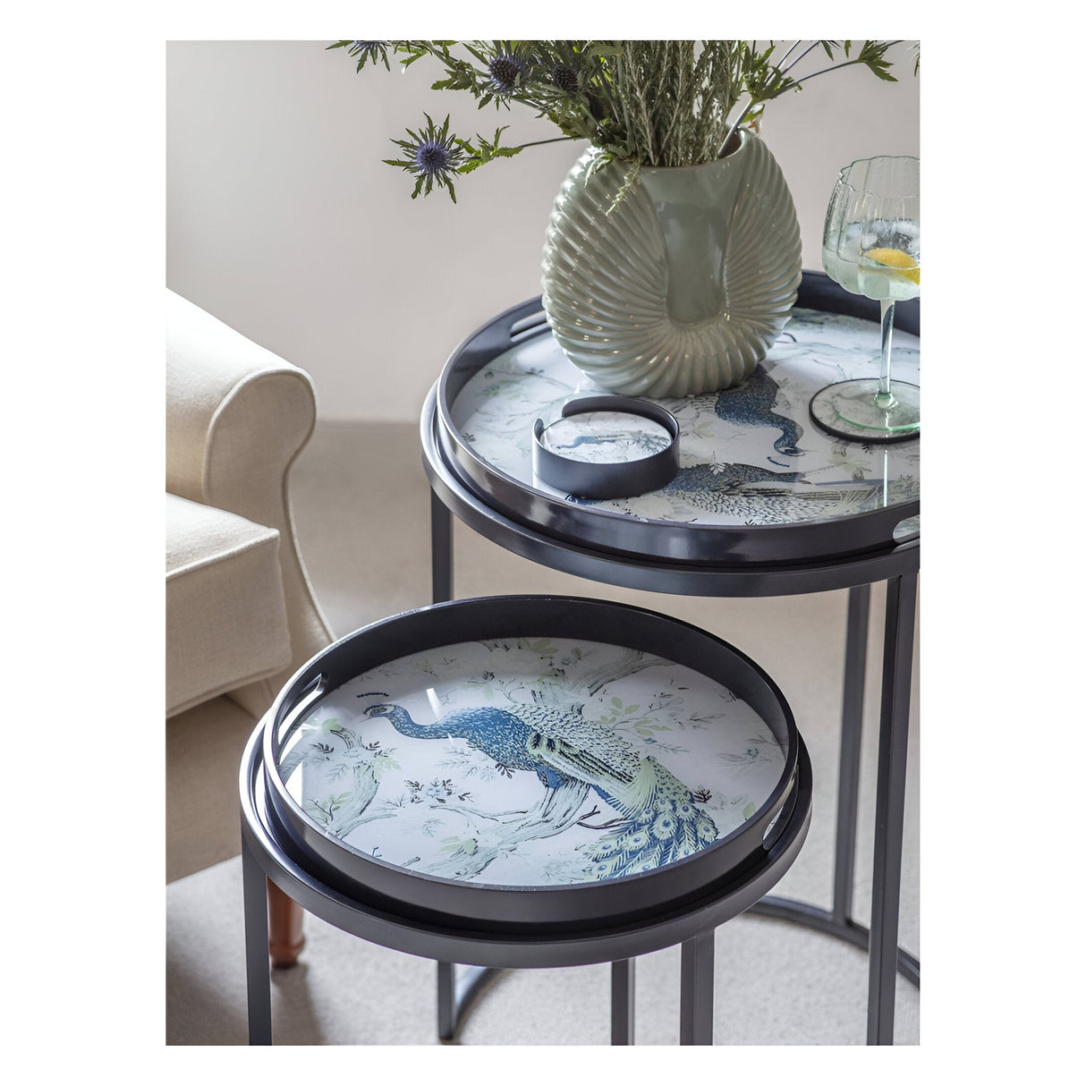 Laura Ashley Belvedere Peacock Print Set Of 2 Side Tray Tables - Black