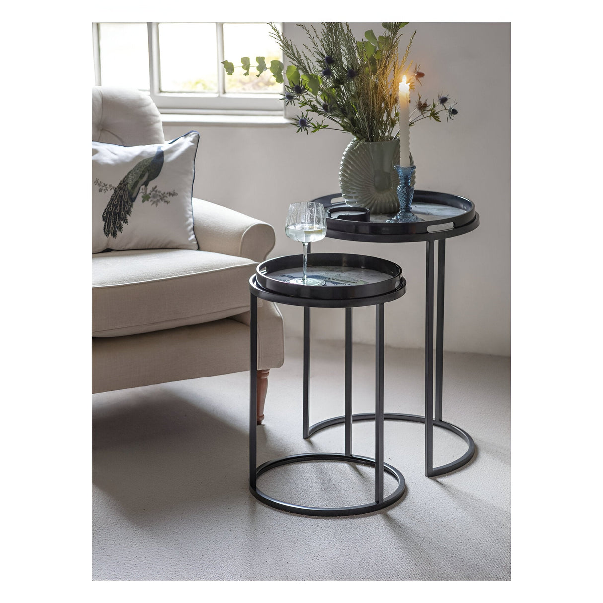 Laura Ashley Belvedere Peacock Print Set Of 2 Side Tray Tables - Black